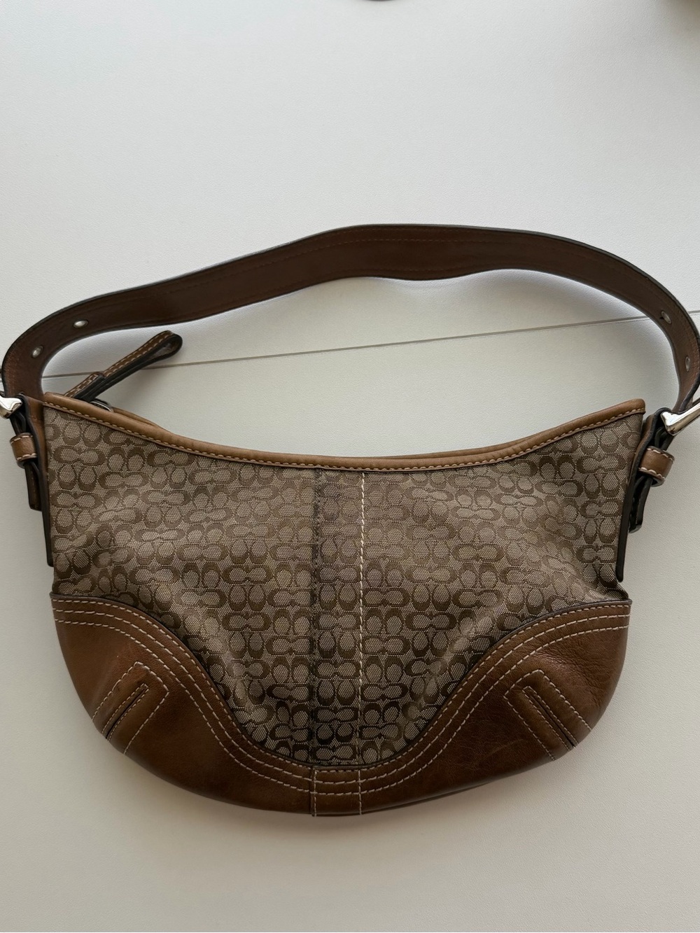 Coach Brown Signature Jacquard Shoulder Bag with Tan Leather Trim
